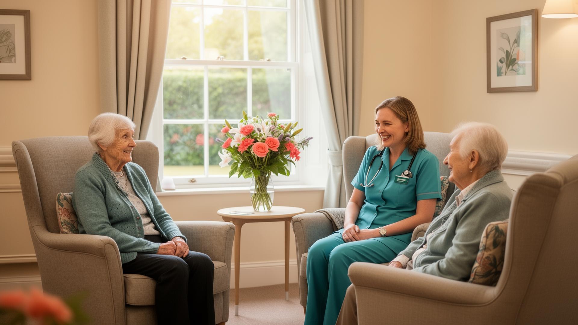 A care home nurse chatting warmly with two elderly residents in a bright, welcoming lounge