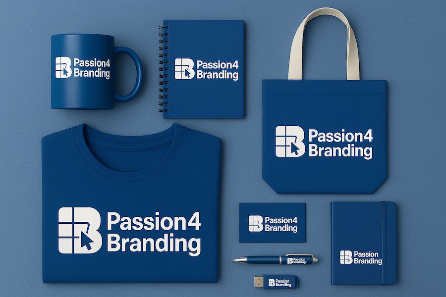 Passion4Branding branded merchandise including mugs, t-shirts, notebooks and bags